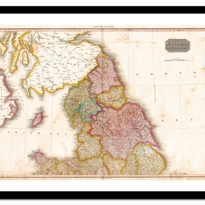Ancienne carte du nord de l'Angleterre, Royaume-Uni, Europe 1818 - Impression d'art - Poster vintage - Tableau ancien antique - Art déco mural rétro - S - XXL MUK011