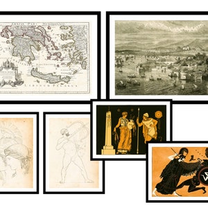 6er Geschenkset - Griechenland Karte und Antike griechische Mythologie - Vintage Kunstdrucke - Antikes Poster - Altes Bild - Trendige Retro Wandkunst (S6-GR)