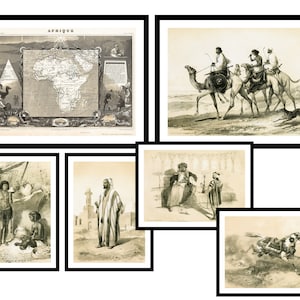 Coffret cadeau de 6 – Carte de l'Afrique et œuvres d'art neutres africaines – Tirages d'art vintage – Affiche antique – Image ancienne – Art mural rétro tendance (S6-AF)