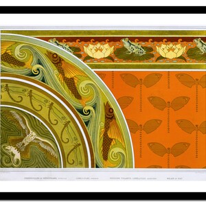 May include: A vintage illustration of a decorative design featuring stylized fish, butterflies, frogs, and water lilies. The design is in a repeating pattern and is framed in a black frame.
