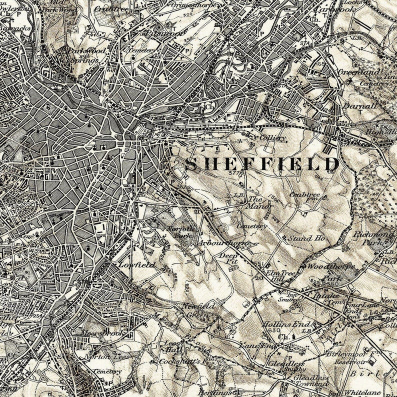 Old Map of Sheffield England UK 1909 Art Print Vintage Poster Antique Old Picture Retro Wall Art