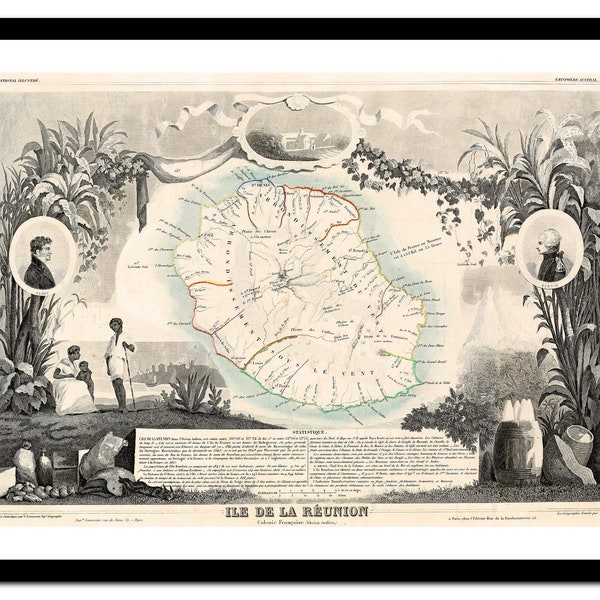 Ancienne carte de la Réunion, Afrique 1850 - impression d'art - affiche vintage - tableau ancien antique - art déco mural rétro - S - XXL (M-AF 006)