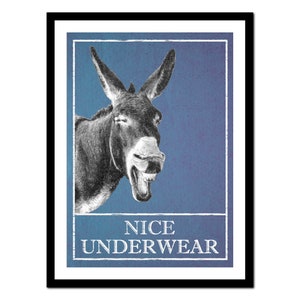 Puede incluir: Una ilustración humorística de un burro con la boca abierta, sobre un fondo azul. El texto "NICE UNDERWEAR" está impreso debajo del burro.