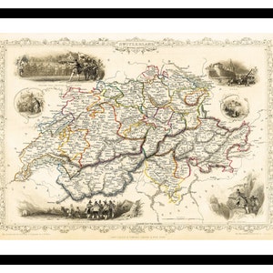 Ancienne carte de la Suisse Europe 1851 - impression d'art - affiche vintage - tableau ancien antique - art déco mural rétro - S - XXL MCH002