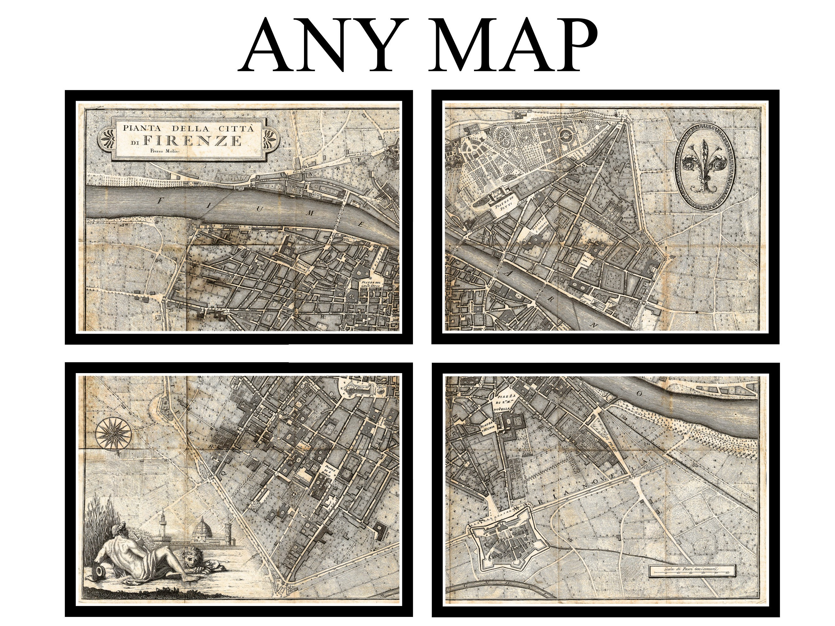 340+ Old Maps Prints - 4 Panels - Large Wall Art Decor - Classic Retro Historic Gift - Vintage Poster - Antique Old Picture - UNFRAMED