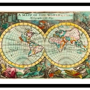 Mapa antigo do mundo 1682 - Impressão artística - Pôster vintage - Imagem antiga antiga - Decoração de arte de parede retrô - S - XXL MWO011