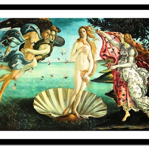 May include: A Renaissance painting depicting the birth of Venus. The goddess Venus is standing on a large seashell, emerging from the water. She is surrounded by two figures, one holding a blue cloth and the other a red cloth. The painting is set against a blue sky with white clouds.