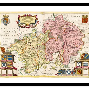 Ancienne carte du Worcestershire Warwickshire 1665 - impression d'art - affiche vintage - tableau ancien antique - art déco mural rétro - S - XXL MUK089