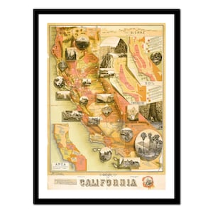 Ancienne carte de la Californie, États-Unis d'Amérique, 1890 - impression d'art - affiche vintage - tableau ancien antique - art déco mural rétro - S - XXL MUS019