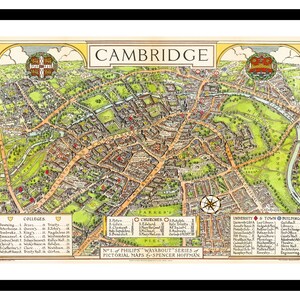 Alte Karte von Cambridge England UK 1929 - Kunstdruck - Vintage Poster - Antikes altes Bild - Retro Wandkunst Dekor - S - XXL MUK081