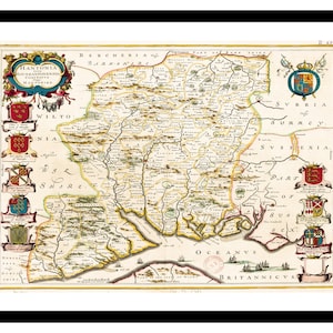 Ancienne carte du Hampshire, Angleterre, Royaume-Uni 1645 - impression d'art - affiche vintage - tableau ancien antique - art déco mural rétro - S - XXL MUK076