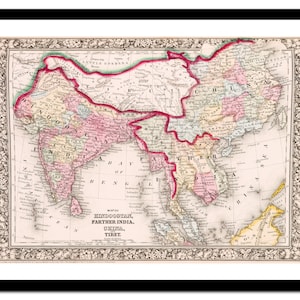 Vecchia mappa della Cina India Tibet Asia 1863 - Stampa artistica - Poster vintage - Immagine antica - Decorazione murale retrò - S - XXL MAS015