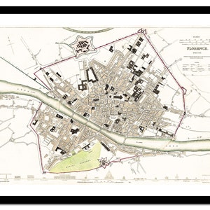Ancienne carte de Florence Italie Europe 1835 - impression d'art - affiche vintage - tableau ancien antique - art déco mural rétro - S - XXL MIT009