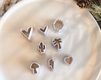 8 Micro Cutters - Polymer Clay - Mushroom - Bolt - Cactus - Palm Tree - Deco Arrow - Aztec - heart