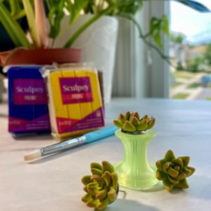 May include: A close-up of handmade succulent earrings and a matching decorative piece. The earrings and decorative piece are green and yellow. Two packages of Sculpey clay and a paintbrush are in the background.