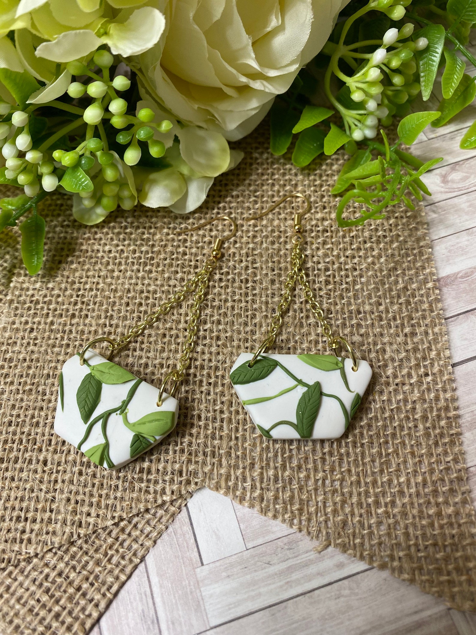 Leafy Greens Handmade Polymer Clay Green and Gold Dangle Etsy