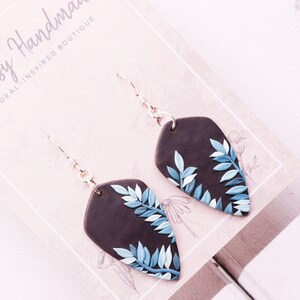 925 Sterling Silver Hook Earrings | Black Kite Shape w/ Turquoise Blue Vines | VERY LIGHTWEIGHT Polymer Clay Dangles