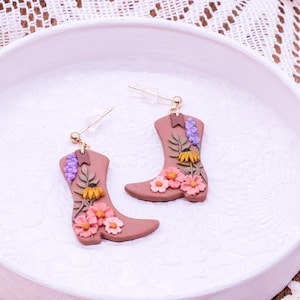 Western Cowgirl Boot Floral Earrings | Polymer Clay Colorful Wildflowers | 14k Gold Plated or Rhodium Silver Plated Brass | Lightweight