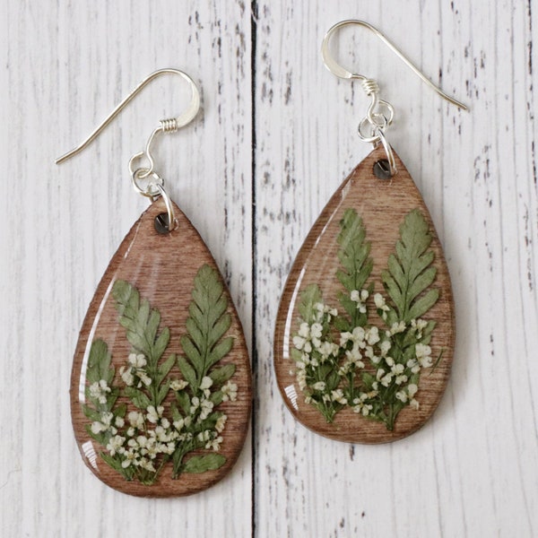 925 Sterling Silver or 14k Gold Filled Hook Earrings | Wood & Resin | Stained Wood Teardrop w/ Dried Fern and Lace - VERY Lightweight