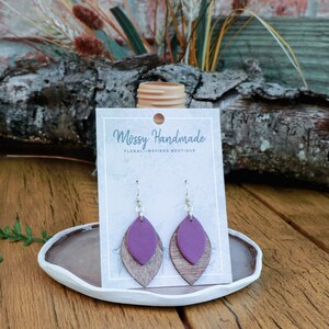 925 Sterling Silver Stacked Leaf Hook Earrings | Maroon & Wood | Polymer Clay Real Wood Leaf Shape Earrings | Hypoallergenic Lightweight