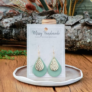 14K Gold Filled Hook Earrings | Polymer Clay Green Teardrop Shape with 14k Gold-Plated Brass Hammered Charm | Tarnish Free Jewelry