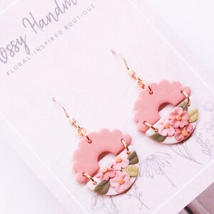14k Gold Filled Hook Earrings | 2-Toned Scalloped Polymer Clay | Pink + White w/ Pink Flowers & Leaves | Lightweight Hypoallergenic Jewelry