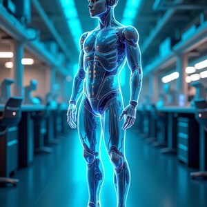 Futuristic AI Humanoid Wall Art – Cyberpunk Sci-Fi Digital Print, Transparent Android Artwork, Instant Download
