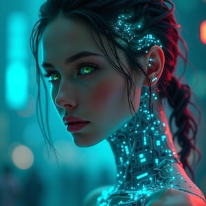 Stunning Hyperrealistic Female Cyborg Portrait – AI-Generated Cyberpunk Wall Art, Futuristic Sci-Fi Digital Print, Instant Download