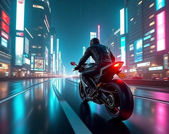 Cyberpunk motorachtervolging muurkunst – AI-gegenereerde sci-fi digitale print, futuristische actieposter, instant download