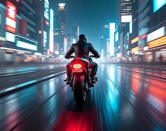 Cyberpunk motorachtervolging muurkunst – AI-gegenereerde sci-fi digitale print, futuristische actieposter, instant download