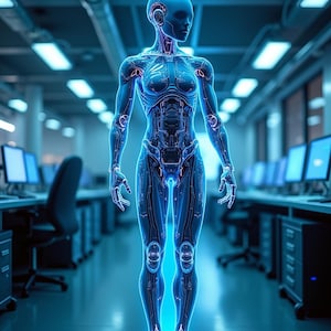 Futuristic AI Humanoid Wall Art – Cyberpunk Sci-Fi Digital Print, Transparent Android Artwork, Instant Download