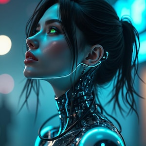 Stunning Hyperrealistic Female Cyborg Portrait – AI-Generated Cyberpunk Wall Art, Futuristic Sci-Fi Digital Print, Instant Download