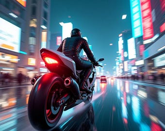 Cyberpunk motorachtervolging muurkunst – AI-gegenereerde sci-fi digitale print, futuristische actieposter, instant download