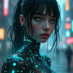 Stunning Hyperrealistic Female Cyborg Portrait – AI-Generated Cyberpunk Wall Art, Futuristic Sci-Fi Digital Print, Instant Download