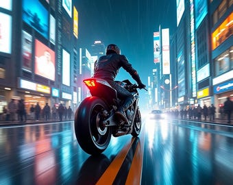 Cyberpunk motorachtervolging muurkunst – AI-gegenereerde sci-fi digitale print, futuristische actieposter, instant download