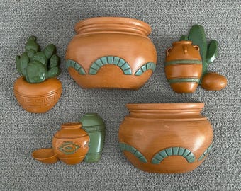 Vintage Burwood Brown Green Plastic Southwestern Wall Hanging Plaques Set Of 5