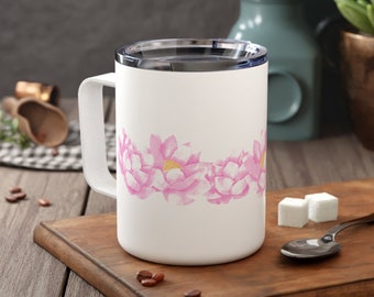 Pink Lotus ~ Insulated Coffee Mug, best selling mugs, tea cups, with lid, budget friendly mug, Gifts for teachers, Presents for friends