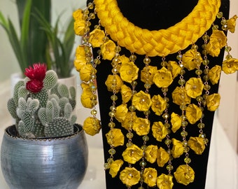 Mexican Yellow Cascade Necklace Set. Palm of Leaf Necklace and Earrings. Hand Made. Collar de Palma. Artesanía Mexicana