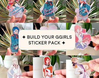 May include: A set of nine colorful stickers featuring anime-style characters with names like "Sweet Mercury", "Morrie Remora", and "Chris the Wizie". The stickers are part of a "Build Your GGirls Sticker Pack".
