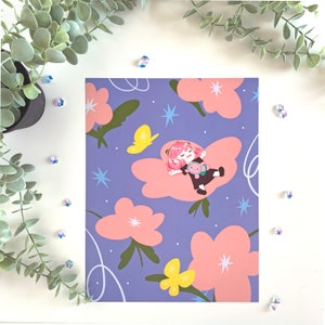 May include: A purple background with pink flowers and a cartoon character sleeping on a pink cloud. The character has pink hair and is holding a small stuffed animal. There are yellow butterflies and white stars on the background.