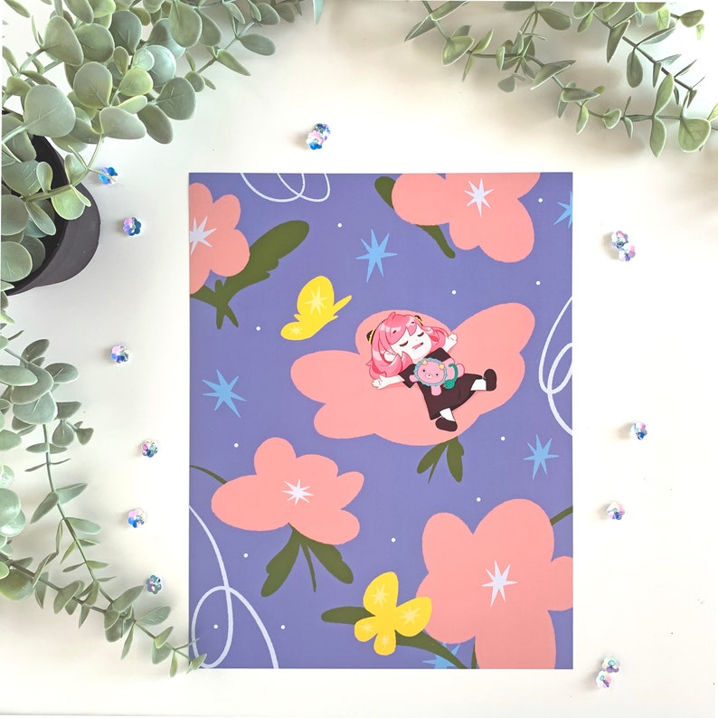 May include: A purple background with pink flowers and a cartoon character sleeping on a pink cloud. The character has pink hair and is holding a small stuffed animal. There are yellow butterflies and white stars on the background.