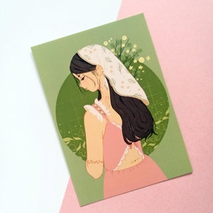 4.13 X 5.38 in Garden Girl Art Print Postcard, Feminine Wall Art, Wall Decor, Postcard Print, Gift for Her, Cute Gift, Pen Pal Stationery
