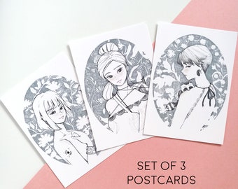 4x5 Moody Art Print Postcard Set of 3, Art Print Woman, Fashion Illustration, Wall Decor, Cute Gifts