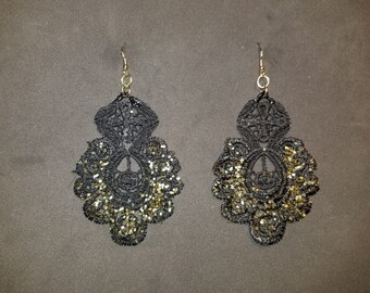 18K Gold Plated Earwires, Black Lace with Gold Glitter Earrings