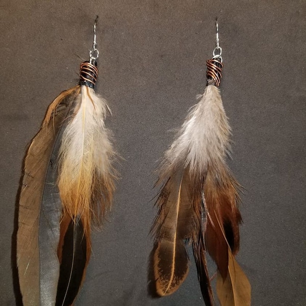 Silver plated Earwires, Rooster Hackle Feathers (Natural) with copper accent earrings