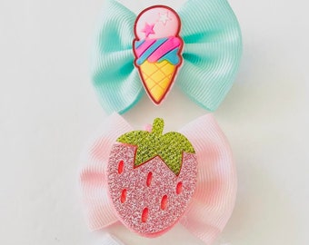Cute Summer bow clip sets, Ice cream bow clip, strawberry bow clip, bunny bow clip, ice cream theme, bunny theme, cute hair bow clips, bows