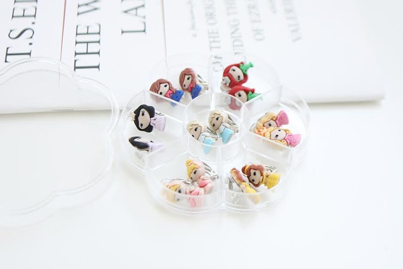 Princess Clip on earrings, Belle, Elsa, Anna, Ariel, Snow White, Aurora, Cinderella. Kids clip on earrings. sold in 1 pair of each. image 2