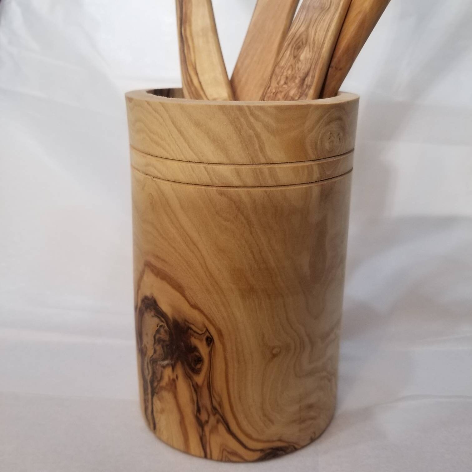 Olive Wood Utensil Holder With Utensils Etsy