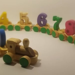 Wooden number train with multicolored numbers.