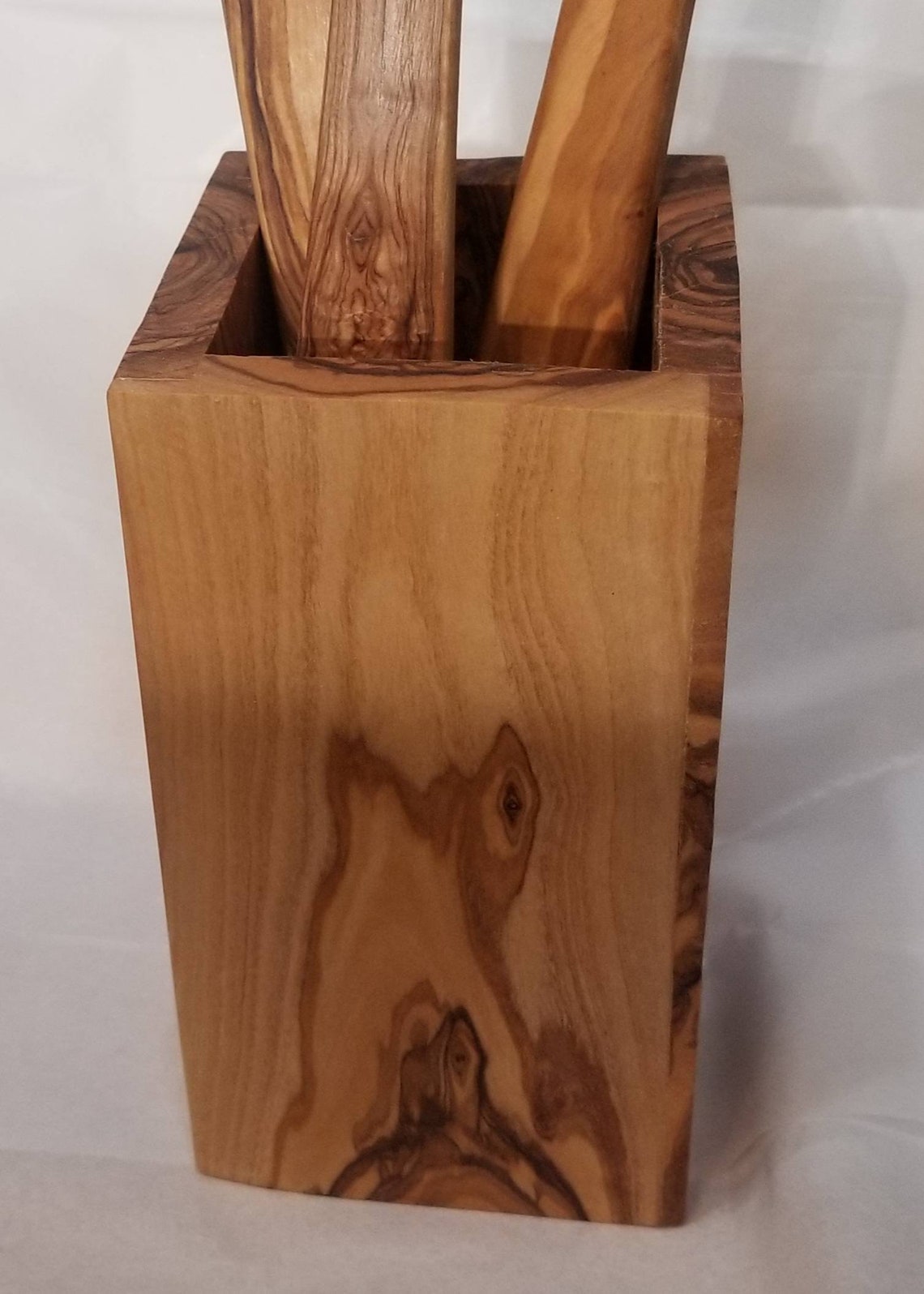 Olive Wood Utensil Holder With Utensils Etsy